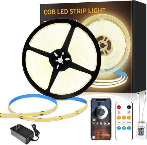 Vista 11 de COB - Tira de luces LED de 32.8 pies, 3000 K, blanco cálido, regulable, CC de 24 V, cinta de luces LED flexibles para dormitorio, con control remoto