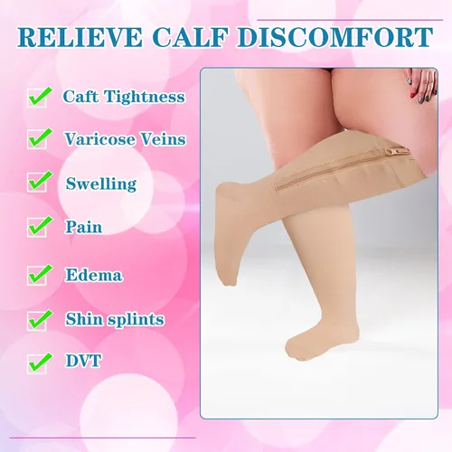 Vista 4 de Hillban 2 pares de calcetines de compresión anchos con cremallera de pantorrilla de talla grande de 15 a 25 Mmhg para mujeres y hombres con sobrepeso