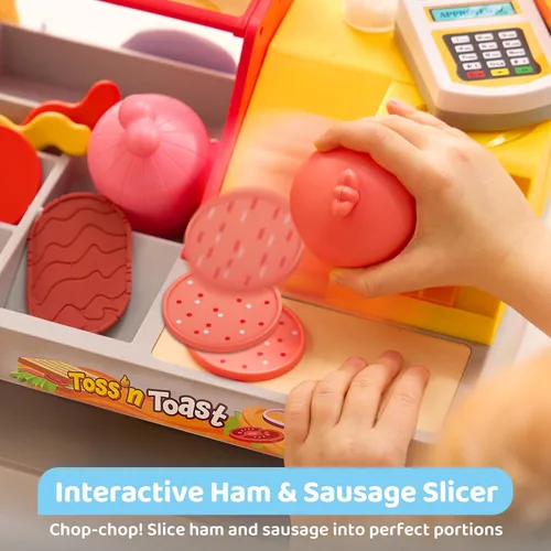Vista 3 de Juguete de restaurante y comida de juego de simulación para niños, accesorios de cocina de juego incluyen sandwichera de juguete con rebanador