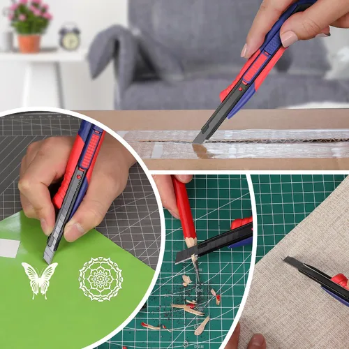Vista 8 de WORKPRO Cuchillo utilitario de seguridad 2 en 1, hoja retráctil a presión, juego de cortador de caja de metal, cuchillos de afeitar Exacto
