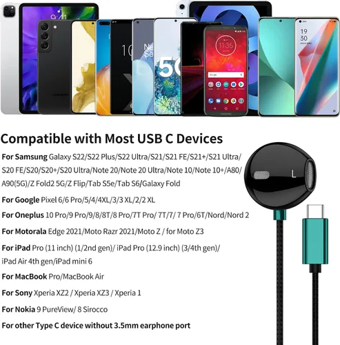 Vista 6 de ACAGET Auriculares USB C para Galaxy S26 S25 S24 S23 S22 HiFi Tipo C Auriculares Auriculares estéreo USB C con micrófono y control de volumen
