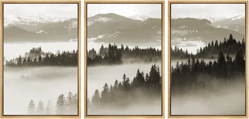 Vista 47 de SIGNWIN Lienzo enmarcado para pared, juego de decoración de guardería de bosques, niebla y niebla sobre bosque de montaña oscura, naturaleza, arte