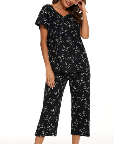 Vista 5 de ENJOYNIGHT Conjuntos de pijama de algodón para mujer, pijamas de verano con pantalones capri, ropa de dormir Gato negro