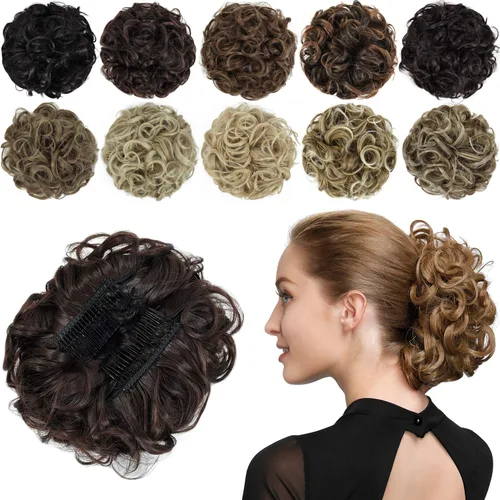 Vista 16 de Rose bud Postizo de Moño Rizado Extensiones de Moño Coletero Peinado Recogido Peinetas Sintéticas en Moño Desordenado Postizo de Cabello