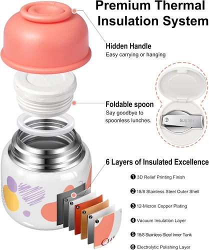 Vista 2 de KTKUDY - Termo de 17 onzas para comida caliente, niños y adultos, boca ancha, cuchara plegable Keeps hot 12 hours & cold 20 hours, Leak-proof