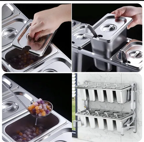 Vista 6 de AIZYR 1/9 304 bandeja de comida de acero inoxidable, contenedor de servir condimento con cubierta y cuchara para accesorios de restaurante