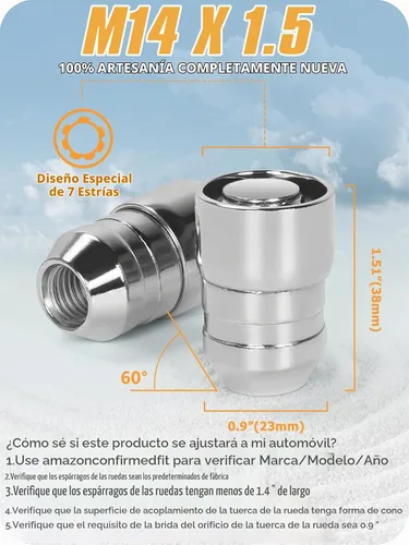 Vista 2 de MIKKUPPA Tuercas de Seguridad para Ruedas M14x1.5, Cromadas de 1.5" de Longitud con Asiento Cónico, Juego de Tuercas de Bloqueo para Ruedas