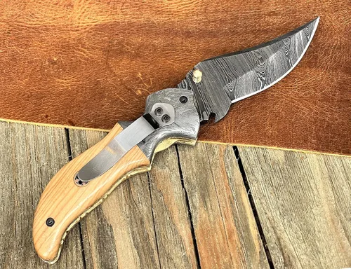 Vista 8 de WINTERFELL Cuchillo de bolsillo de acero de Damasco con mango de hueso de camello quemado con clip para cinturón, cuchillo de regalo personalizado