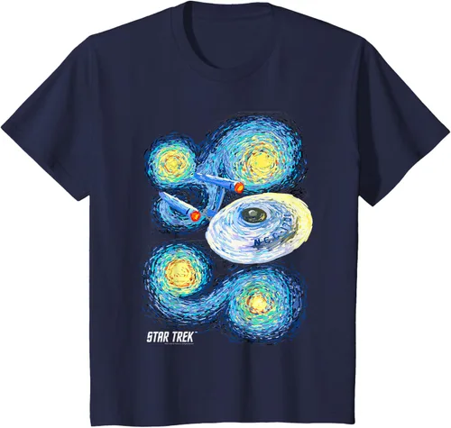 Vista 49 de Star Trek Camiseta de pintura de noche estrellada de la serie original, Negro, S