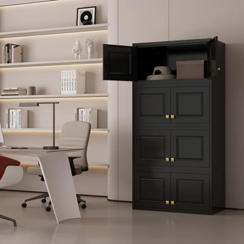 Vista 7 de Armario de almacenamiento de metal con puertas, armario pequeño de armario, armario de pared de almacenamiento negro, gabinetes de ropa de 15