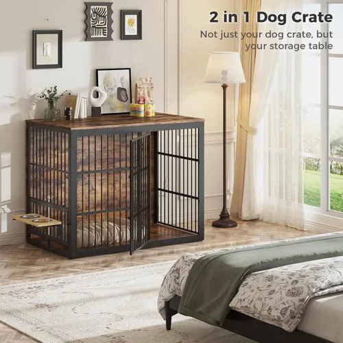 Vista 5 de Lyromix Mueble de jaula para perros XXL de 48 pulgadas con alimentador giratorio, mesa auxiliar de madera grande, jaula de interior resistente