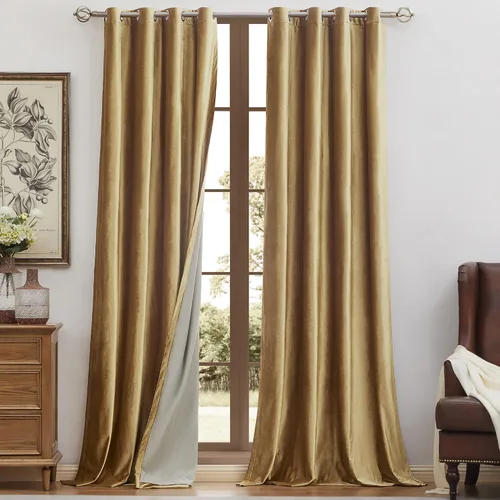 Vista 31 de BULBUL Cortinas de terciopelo 100% opacas negro oro, cortinas modernas con forro de 63 pulgadas de largo, cortinas térmicas con ojales para sala