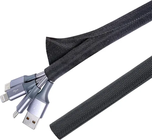 Vista 16 de Cable trenzado dividido negro de 1/2 pulgadas -12 pies de mangas de gestión Flexible Woven Braided Cover Self-Wrapping Wire Loom Cord Protector