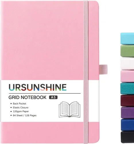 Vista 64 de Cuaderno punteado, diario, 5.3 x 8.26 pulgadas, tapa dura, prémium, papel grueso, doble espiral, bandas, cuero negro sintético, lazo para bolígrafo