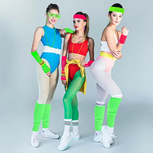 Vista 7 de Abitoncc 80s Women's Costumes Accessories Set Halloween Retro 80s Pink Neon Leg Warmers Headband Fanny Pack Wristbands Gloves