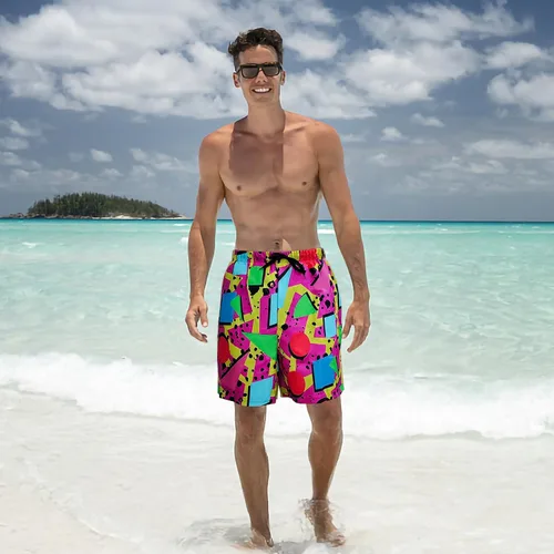 Vista 2 de Pantalones cortos de natación de Bilayer de los años 80 para hombre, pantalones cortos de natación de los años 90 para fiesta de verano hawaiana
