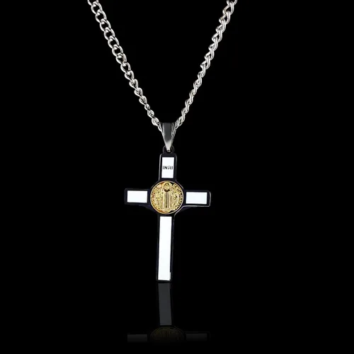 Vista 5 de Unique Saint Benedict Crucifijoen dos tonos de oro y plata color inoxidable St Benedict Cruz Collar
