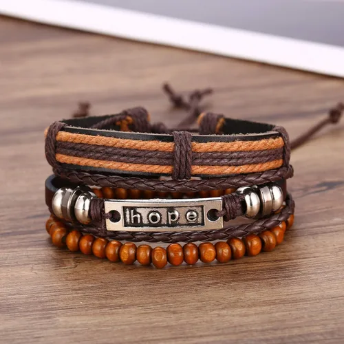 Vista 2 de Hubbering Hope - Pulsera de piel y cuentas de varias capas 3 piezas