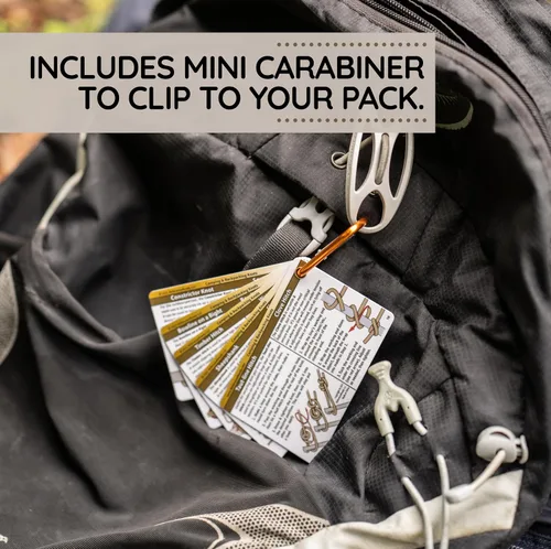 Vista 4 de ReferenceReady Guía de bolsillo para nudos al aire libre: tarjetas impermeables para atar nudos con mini mosquetón, 22 nudos de cuerda para camping