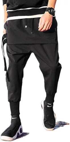 Vista 5 de RLJT JIN Pantalones de harén de cintura elástica para hombre, pantalones deportivos elásticos de hip hop con cordón, pantalones holgados de ajuste