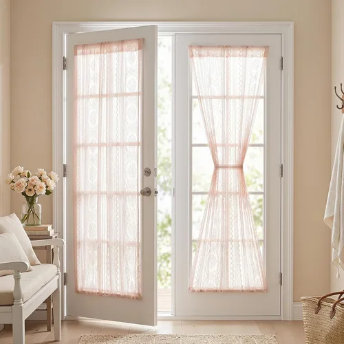 Vista 18 de MYSKY HOME Cortinas de encaje beige para puerta francesa de 40 pulgadas de largo, 2 paneles de cortinas florales bohemias transparentes para puerta