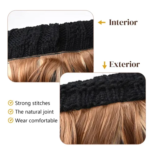 Vista 5 de Flufymooz Gorro con peluca, extensión de pelo con gorro de piel sintética con pompón largo ondulado rizado, peluca con gorro adjunto de 20 pulgadas