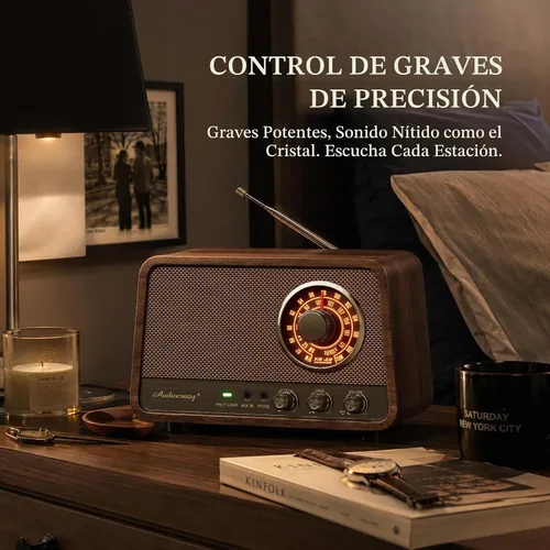 Vista 5 de Radio Bluetooth AM FM de madera vintage, sonido potente de 10 W