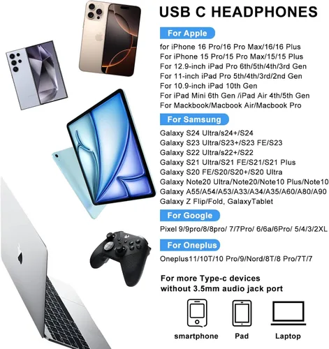 Vista 7 de Auriculares USB C para Samsung Galaxy S24 S23Ultra FE S22, auriculares USB C con cable con micrófono estéreo tipo C auriculares magnéticos tipo C