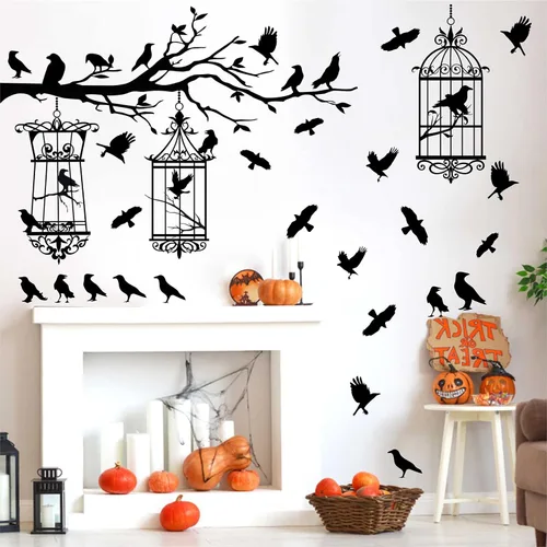 Vista 10 de Barri Design Calcomanías de pared de murciélago de Halloween, árbol de luna, bruja, calcomanías de pared extraíbles para Halloween, calcomanías
