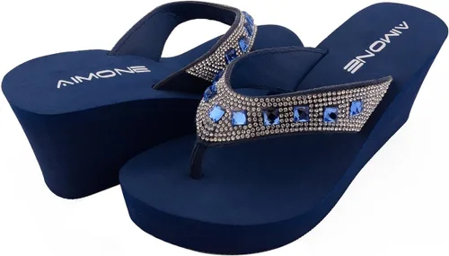 Vista 6 de AIMONE -Larissa - Sandalias de cuña para mujer, color azul marino, con diamantes de imitación, para playa, boda