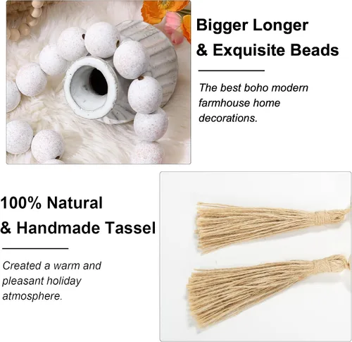 Vista 53 de OMISHE Guirnalda de cuentas de madera extra grande con cuentas de madera y borlas de 1.6 pulgadas de diámetro, cuentas decorativas rústicas de 41