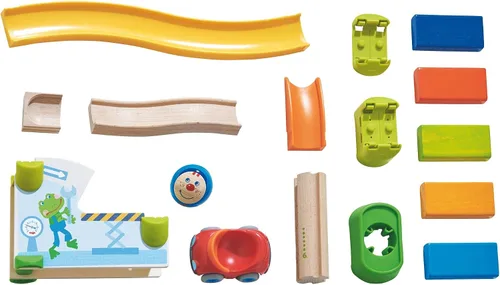 Vista 2 de HABA Juego de carreras de pelota y pista con coche y dominó, 16 piezas Kullerbü Marble Runs y juegos de construcción para niños de 2 años