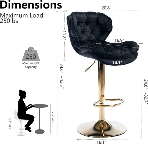 Vista 2 de Juego de 2 taburetes de bar giratorios de terciopelo de 360°, modernos taburetes giratorios de altura ajustable con respaldo y base de metal dorado