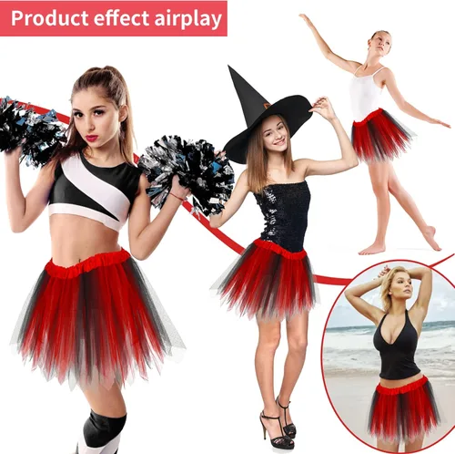 Vista 6 de Lusofie Falda tutú para mujeres adultas, clásica, elástica, de 3 capas, tutú de tul, faldas de ballet, faldas de baile de princesa (rojo y negro)
