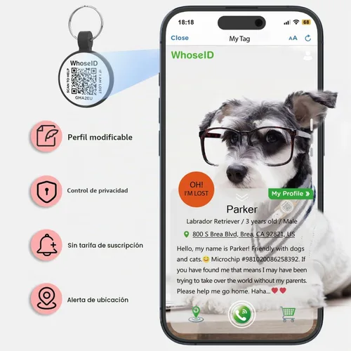 Vista 3 de Etiqueta para gatos con código QR, página de perfil en línea de mascota modificable, múltiples contactos de emergencia, silicona silenciosa, ligera