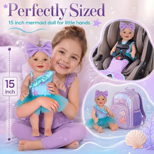 Vista 11 de BABESIDE Muñeca de sirena con juego de sirena extraíble, vinilo completo