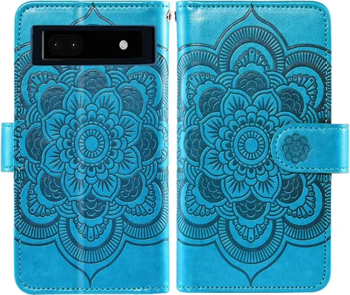 Vista 5 de Asuwish Funda de teléfono para Google Pixel 6A 5G 2022 con protector de pantalla de vidrio templado y soporte de tarjeta de crédito con tapa de Azul
