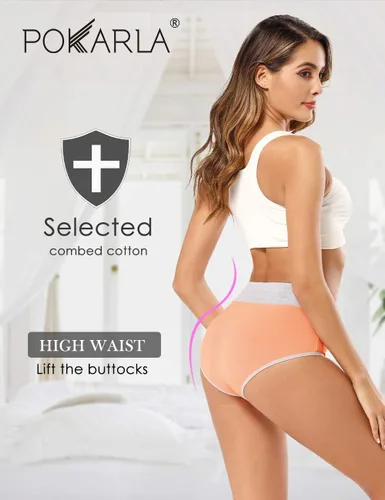 Vista 2 de POKARLA - Ropa interior de algodón y con cintura alta para mujer, es suave, es transpirable, son calzones elásticos, con talla regular