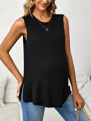 Vista 4 de OYOANGLE Camiseta de maternidad sin mangas para mujer, con dobladillo dividido, camiseta sin mangas para embarazo