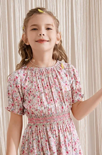 Vista 2 de Vestido floral con cintura fruncida para niñas, ropa de juego para la iglesia, vacaciones, vestido midi suave con bolsillos