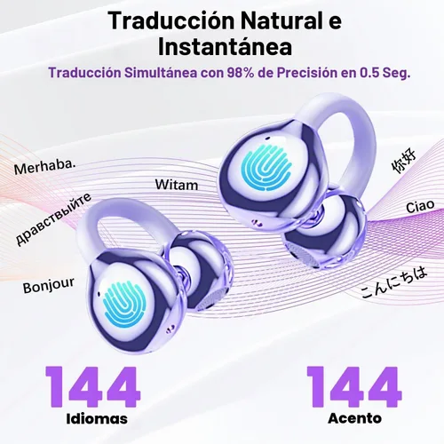 Vista 3 de Auriculares de traducción AI en tiempo real, 144 idiomas, traductor de idiomas inalámbricos en línea, dispositivo de traducción 3 en 1 con Violeta