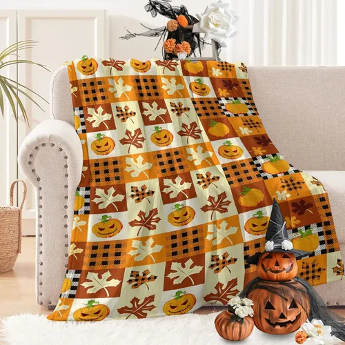 Vista 8 de D-Story Manta de vellón de Halloween, manta de calabaza de otoño para sofá, cama, habitación, regalos de Acción de Gracias para niños y adultos, 50