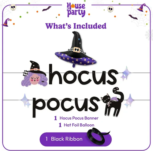 Vista 6 de HOUSE OF PARTY Hocus Pocus, pancarta de Halloween y globo de sombrero de bruja, decoración perfecta para fiestas de Halloween en interiores