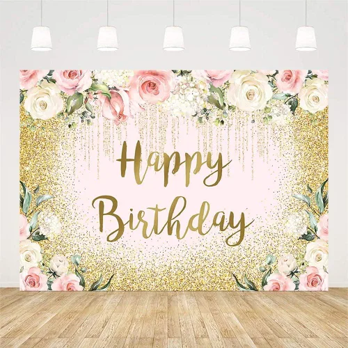 Vista 2 de Sendy Telón de fondo de feliz cumpleaños de 7 x 5 pies con purpurina dorada para decoración de fiesta de cumpleaños para niña y mujer, princesa, Rosa