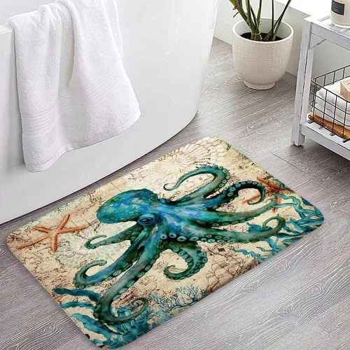 Vista 5 de Boziqr Alfombra de baño náutica vintage de pulpo, alfombra de baño retro océano playa, absorbente de agua, antideslizante, alfombra de ducha