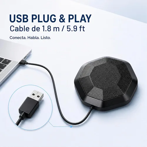 Vista 5 de Micrófono de computadora de 360° para escritorio, micrófono de PC de conferencia USB, tecnología de cancelación de ruido, grabación, Skype, clase