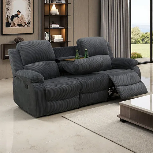 Vista 17 de Juego de Muebles para Sala de Estar, Juego de Sofá Reclinable Manual, Juegos de Sofás Reclinables de Cuero Beige con Mesa Desplegable, Sofá