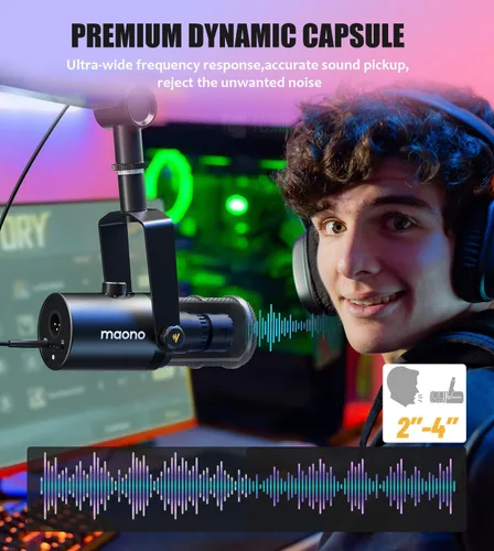 Vista 8 de MAONO Micrófono dinámico, micrófono de PC Podcast USB/XLR con software, ecualizador, toque para silenciar, conector para auriculares, perilla