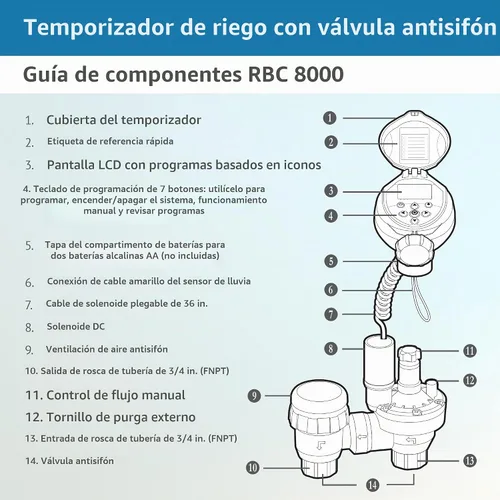 Vista 4 de DIG RBC 8000 Controlador automático de riego alimentado por batería con válvula antisifón de 3/4 pulgadas, avanzado, seguro y conveniente
