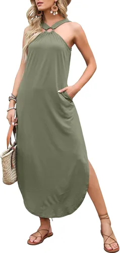 Vista 3 de ANRABESS Vestido largo de verano para mujer, casual, cruzado, sin mangas, con abertura, con bolsillos